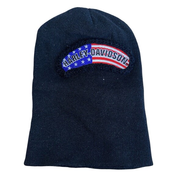 Harley Davidson Skull Knit Cap American Flag Patch Black Beanie - Picture 4 of 9